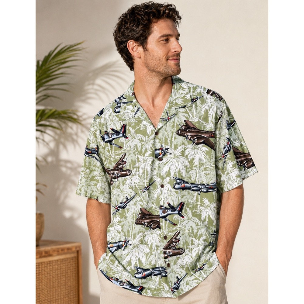 Kalaheo Mens L WWII Military Aircraft Tropical Palm Print Aloha Shirt Hawaii USA